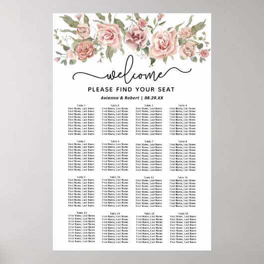 Dusty Pink Rose 16-Tafel Trouwstoelkaart Poster (Voorkant)