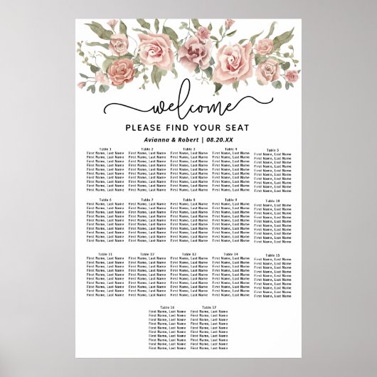 Dusty Pink Rose 17-Tafel Trouwstoelkaart Poster (Voorkant)