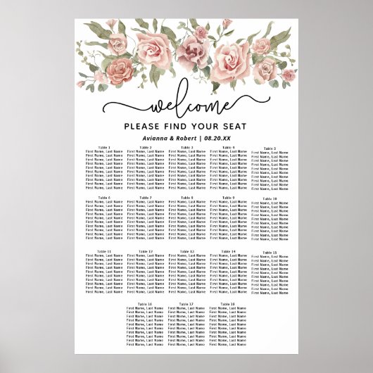 Dusty Pink Rose 18-Tafel Trouwstoelkaart Poster (Voorkant)