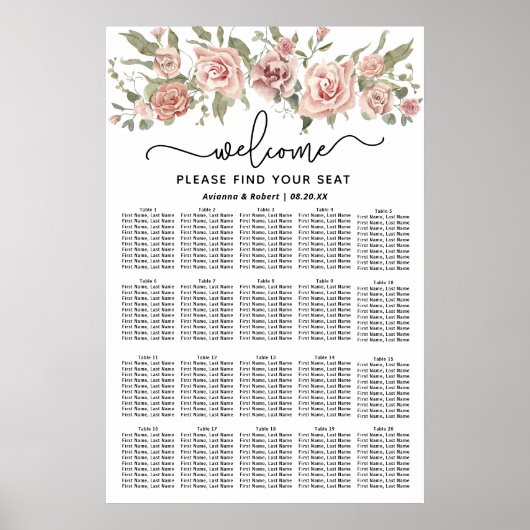 Dusty Pink Rose 20-Tafel Trouwstoelkaart Poster (Voorkant)