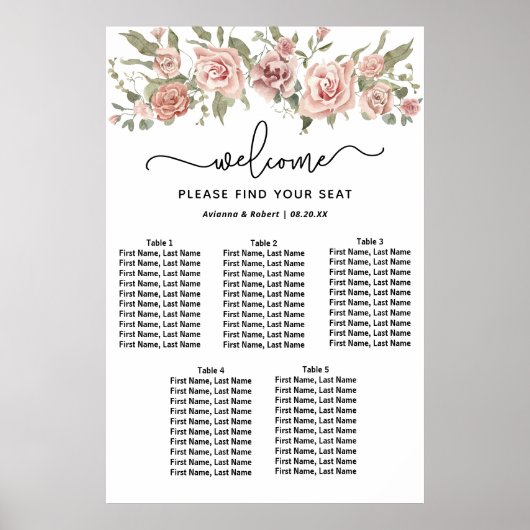 Dusty Pink Rose 5-tafel bruiloft zitgrafiek Poster (Voorkant)