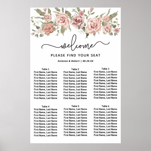 Dusty Pink Rose 6-tafel bruiloft zitgrafiek Poster (Voorkant)