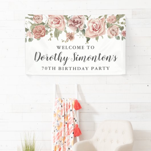 Dusty Pink Rose 70e verjaardagsfeestje Welkom Spandoek (Insitu)