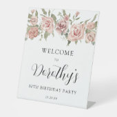 Dusty Pink Rose 80th Verjaardag Welkom Tafelblad Reclamebord Met Voetstuk (Voorkant)