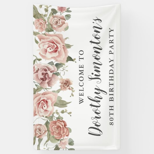 Dusty Pink Rose 80th Verjaardagsfeestje Welkom Spandoek (Verticaal)