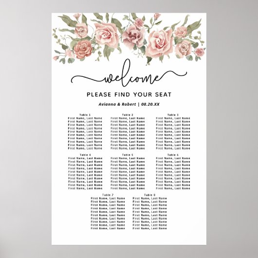 Dusty Pink Rose 8-Tafel Trouwstoelkaart Poster (Voorkant)