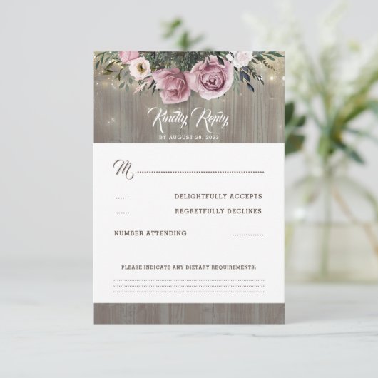 Dusty Pink Rose Bloemen Bruiloft RSVP (Staand voorkant)
