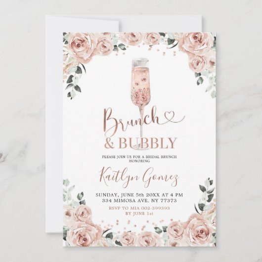 Dusty Pink Rose Brunch en Bubble Invitation Kaart (Voorkant)