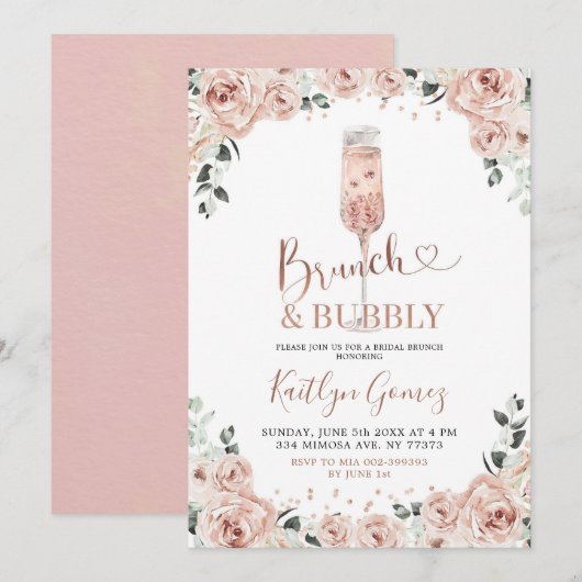 Dusty Pink Rose Brunch en Bubble Invitation Kaart (Voorkant / Achterkant)