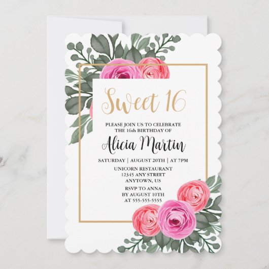 Dusty Pink Rose Flora Groen Goud Zoet 16 Kaart (Voorkant)