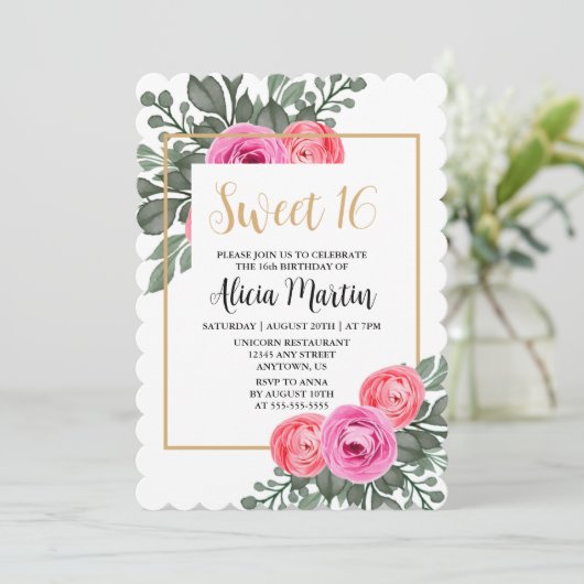 Dusty Pink Rose Flora Groen Goud Zoet 16 Kaart (Staand voorkant)