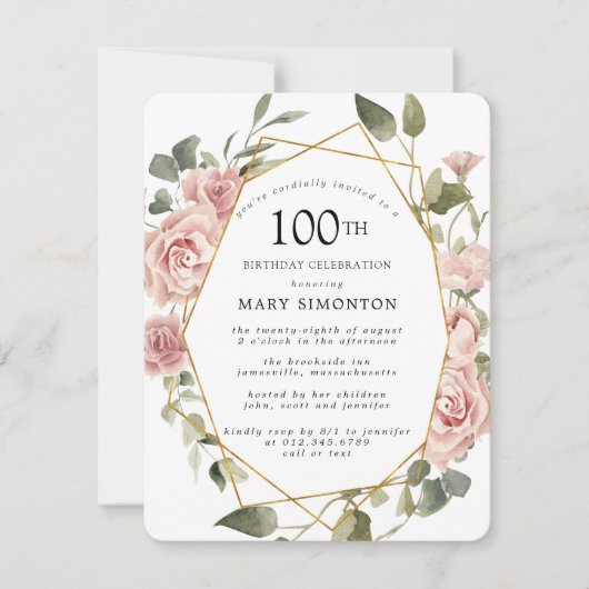 Dusty Pink Rose Floral 100e verjaardag Kaart (Voorkant)