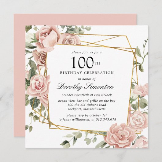 Dusty Pink Rose Floral 100th Birthday Kaart (Voorkant / Achterkant)