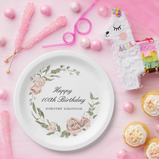 Dusty Pink Rose Floral 100th Birthday Papieren Bordje (Feest)