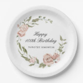 Dusty Pink Rose Floral 100th Birthday Papieren Bordje (Voorkant)