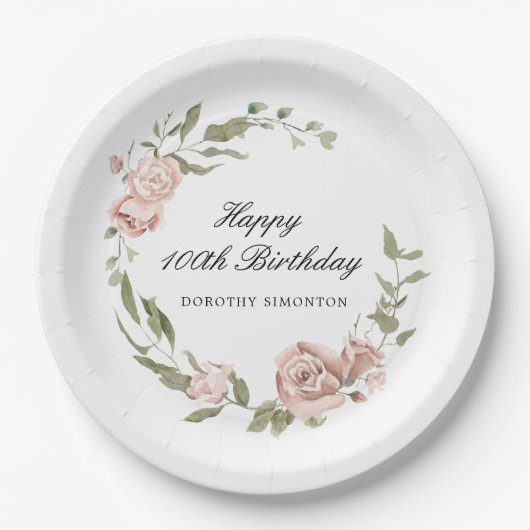 Dusty Pink Rose Floral 100th Birthday Papieren Bordje (Voorkant)