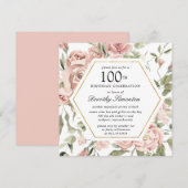 Dusty Pink Rose Floral 100th Birthday Uitnodiging (Voorkant / Achterkant)