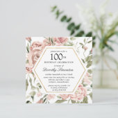 Dusty Pink Rose Floral 100th Birthday Uitnodiging (Staand voorkant)