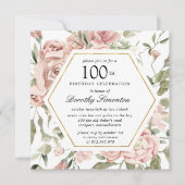 Dusty Pink Rose Floral 100th Birthday Uitnodiging (Voorkant)