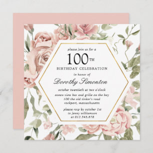 Dusty Pink Rose Floral 100th Birthday Uitnodiging