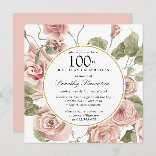 Dusty Pink Rose Floral 100th Birthday Uitnodiging (Voorkant / Achterkant)