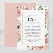 Dusty Pink Rose Floral 100th Gold Birthday Party Kaart (Voorkant / Achterkant)