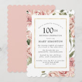 Dusty Pink Rose Floral 100th Gold Birthday Party Kaart (Voorkant / Achterkant)