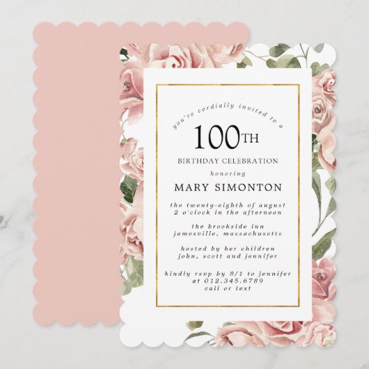 Dusty Pink Rose Floral 100th Gold Birthday Party Kaart (Voorkant / Achterkant)