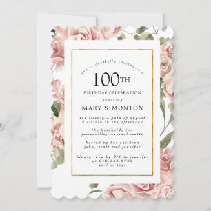 Dusty Pink Rose Floral 100th Gold Birthday Party Kaart