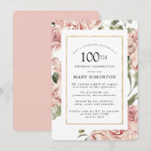 Dusty Pink Rose Floral 100th Gold Birthday Party Kaart (Voorkant / Achterkant)
