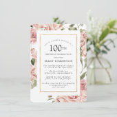 Dusty Pink Rose Floral 100th Gold Birthday Party Kaart (Staand voorkant)