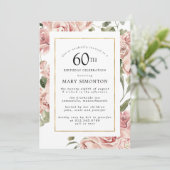 Dusty Pink Rose Floral 60th Gold Birthday Party Kaart (Staand voorkant)