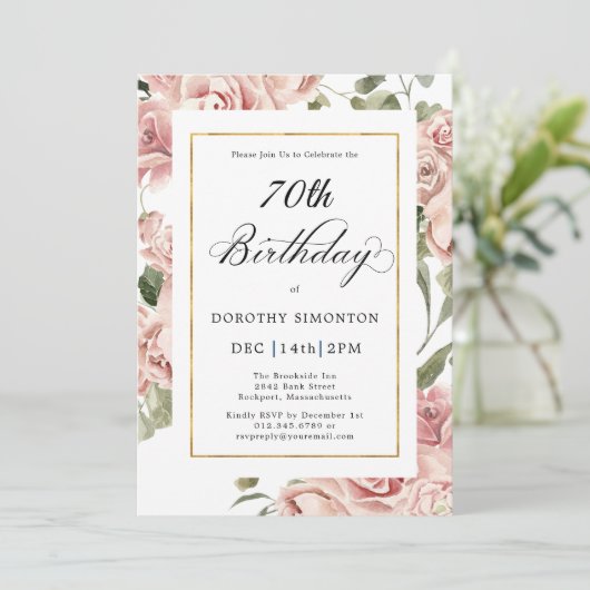 Dusty Pink Rose Floral 70e verjaardag Kaart (Staand voorkant)