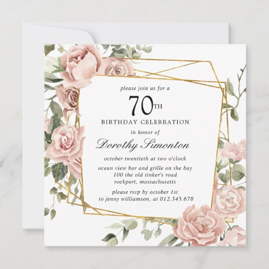 Dusty Pink Rose Floral 70e verjaardag Uitnodiging (Voorkant)
