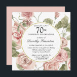 Dusty Pink Rose Floral 70th Birthday Kaart<br><div class="desc">Eer een speciaal persoon met deze elegante uitnodiging van het 70e Birthday feest. Roze mosterdrozen die in donkergroene bladeren zijn geknoopt creëer een rond botanisch lijst met goudtussenvoegsel.</div>