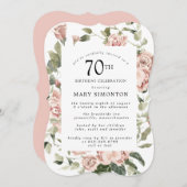 Dusty Pink Rose Floral 70th Birthday Party Invitat Kaart (Voorkant / Achterkant)