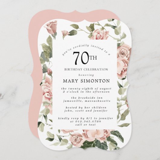 Dusty Pink Rose Floral 70th Birthday Party Invitat Kaart (Voorkant / Achterkant)