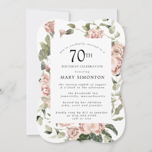 Dusty Pink Rose Floral 70th Birthday Party Invitat Kaart (Voorkant)