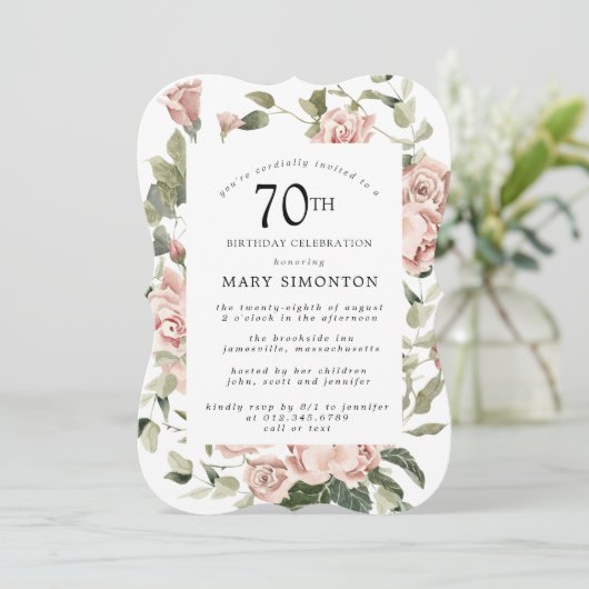 Dusty Pink Rose Floral 70th Birthday Party Invitat Kaart (Staand voorkant)