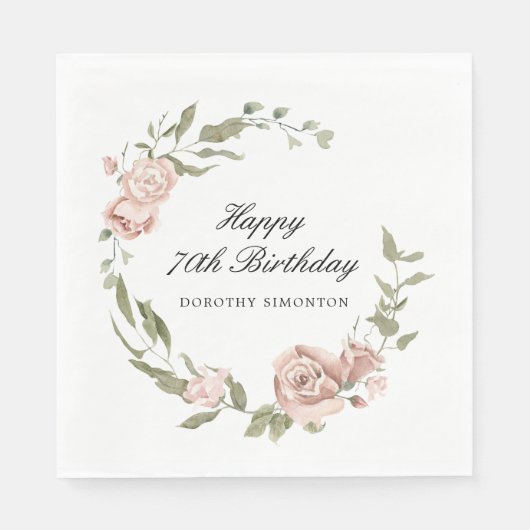 Dusty Pink Rose Floral 70th Birthday Servet (Voorkant)