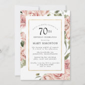 Dusty Pink Rose Floral 70th Gold Birthday Party Kaart (Voorkant)