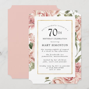Dusty Pink Rose Floral 70th Gold Birthday Party Kaart