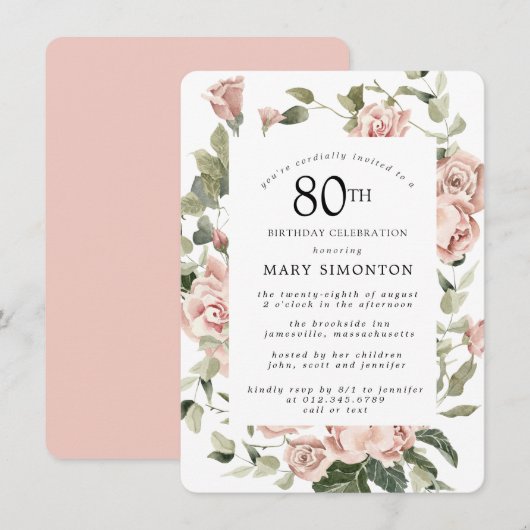 Dusty Pink Rose Floral 80e verjaardag Kaart (Voorkant / Achterkant)