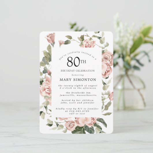 Dusty Pink Rose Floral 80e verjaardag Kaart (Staand voorkant)