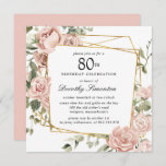 Dusty Pink Rose Floral 80th Birthday Kaart<br><div class="desc">Eer een speciaal persoon met deze elegante 80th Birthday party uitnodiging. Roze mosterdrozen die in donkergroene bladeren zijn geknoopt,  creëer een vierkant botanisch lijst.</div>