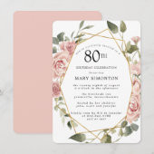 Dusty Pink Rose Floral 80th Birthday Party Invitat Kaart (Voorkant / Achterkant)
