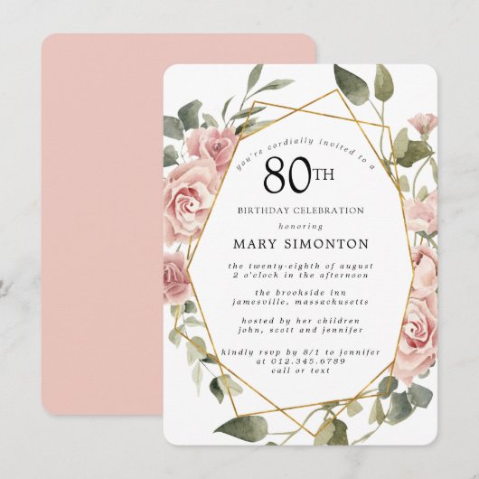 Dusty Pink Rose Floral 80th Birthday Party Invitat Kaart (Voorkant / Achterkant)