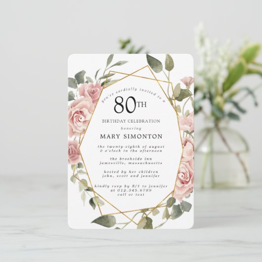 Dusty Pink Rose Floral 80th Birthday Party Invitat Kaart (Staand voorkant)