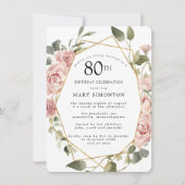Dusty Pink Rose Floral 80th Birthday Party Invitat Kaart (Voorkant)
