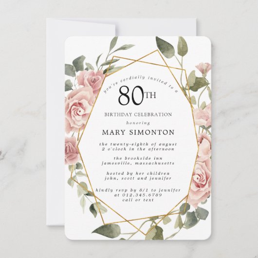 Dusty Pink Rose Floral 80th Birthday Party Invitat Kaart (Voorkant)